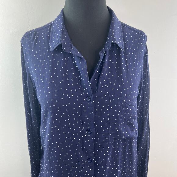 BELLA DAHL Blue White Top Star Collar Long Sleeve Classic Button-Up Size S Small